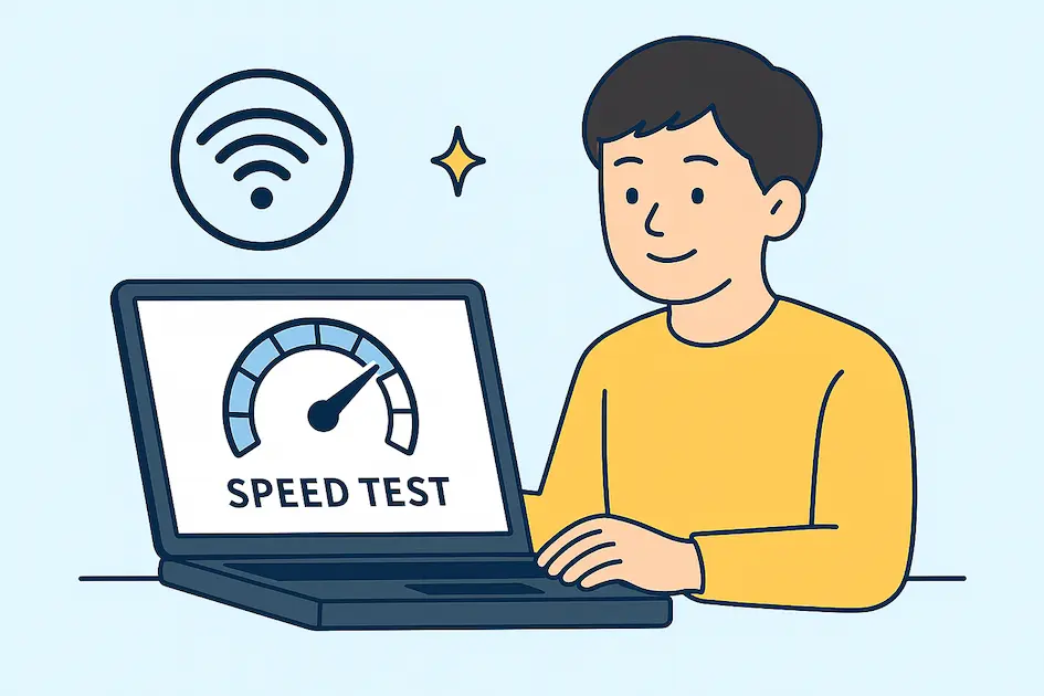 NURO光のONUを使って通信速度を比較している男性のイメージイラスト