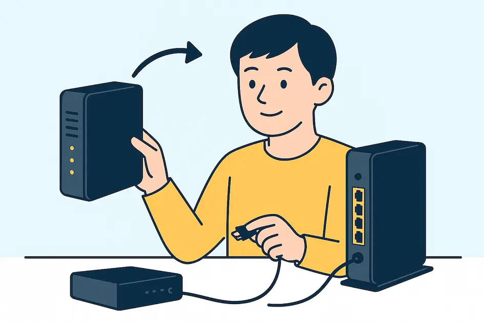 NURO光のONU（ルーター）を交換している男性のイメージイラスト