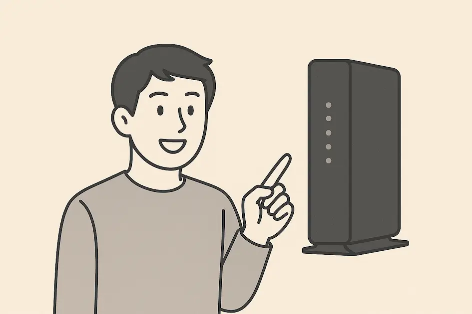 笑顔の男性がNURO光のONU（ルーター）を指差しているイラスト
