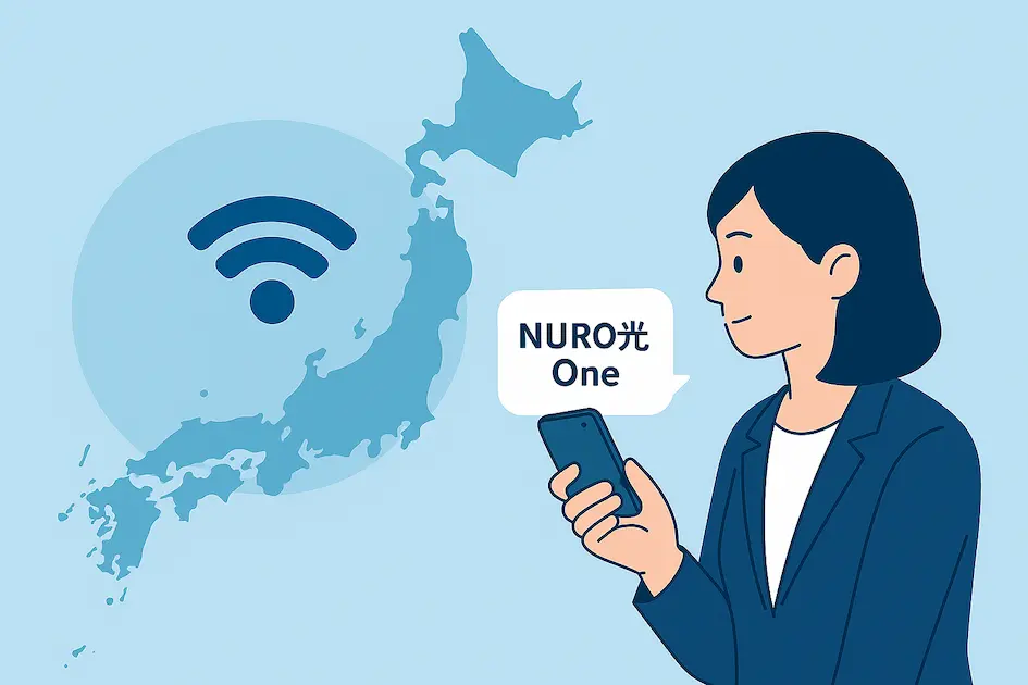 NURO光Oneの提供エリアを調べている女性のイラスト