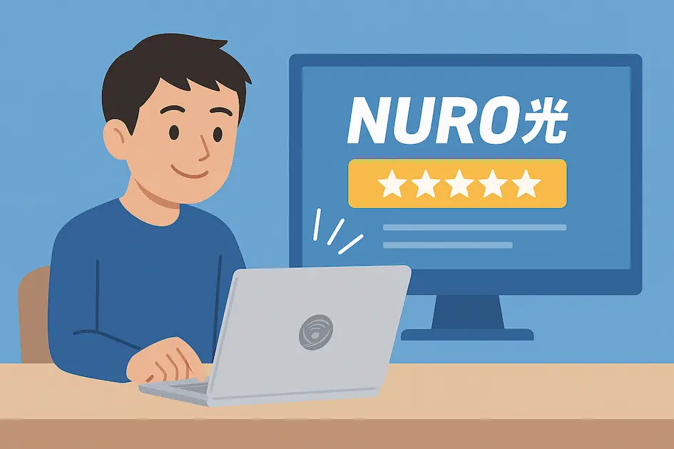 安心した表情の若い男性がパソコンでNURO光の公式特設サイトから申し込みをしている様子