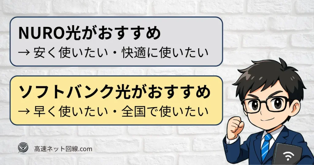 NURO光とソフトバンク光のおすすめポイントを比較したイラスト
