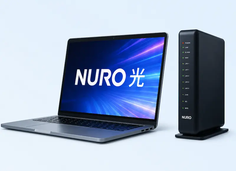NURO光の画面を表示したノートパソコンとONU